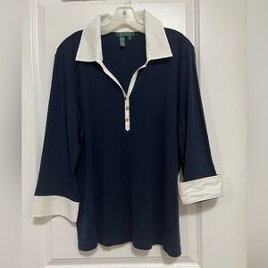 Lauren Ralph Lauren Navy Blue Top White Collar Gold Buttons Size 2X